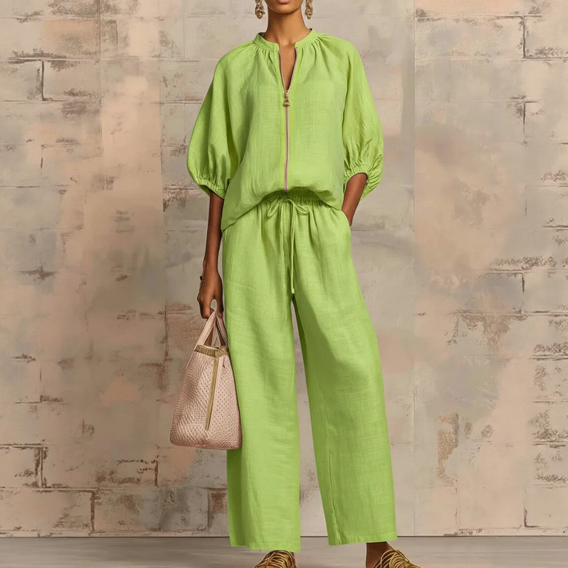 New arrival🔥 Two-piece linen and cotton set: stylish and comfortable zipped shirt and wide-leg trousers