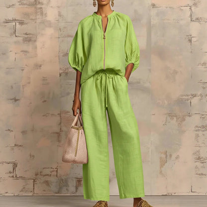New arrival🔥 Two-piece linen and cotton set: stylish and comfortable zipped shirt and wide-leg trousers