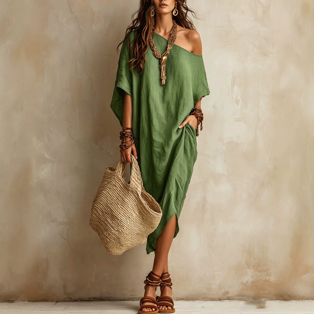 Robe femme coton et lin asymétrique ample manches chauve-souris mi-longue fendue pour les vacances