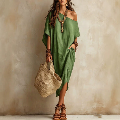 Robe femme coton et lin asymétrique ample manches chauve-souris mi-longue fendue pour les vacances