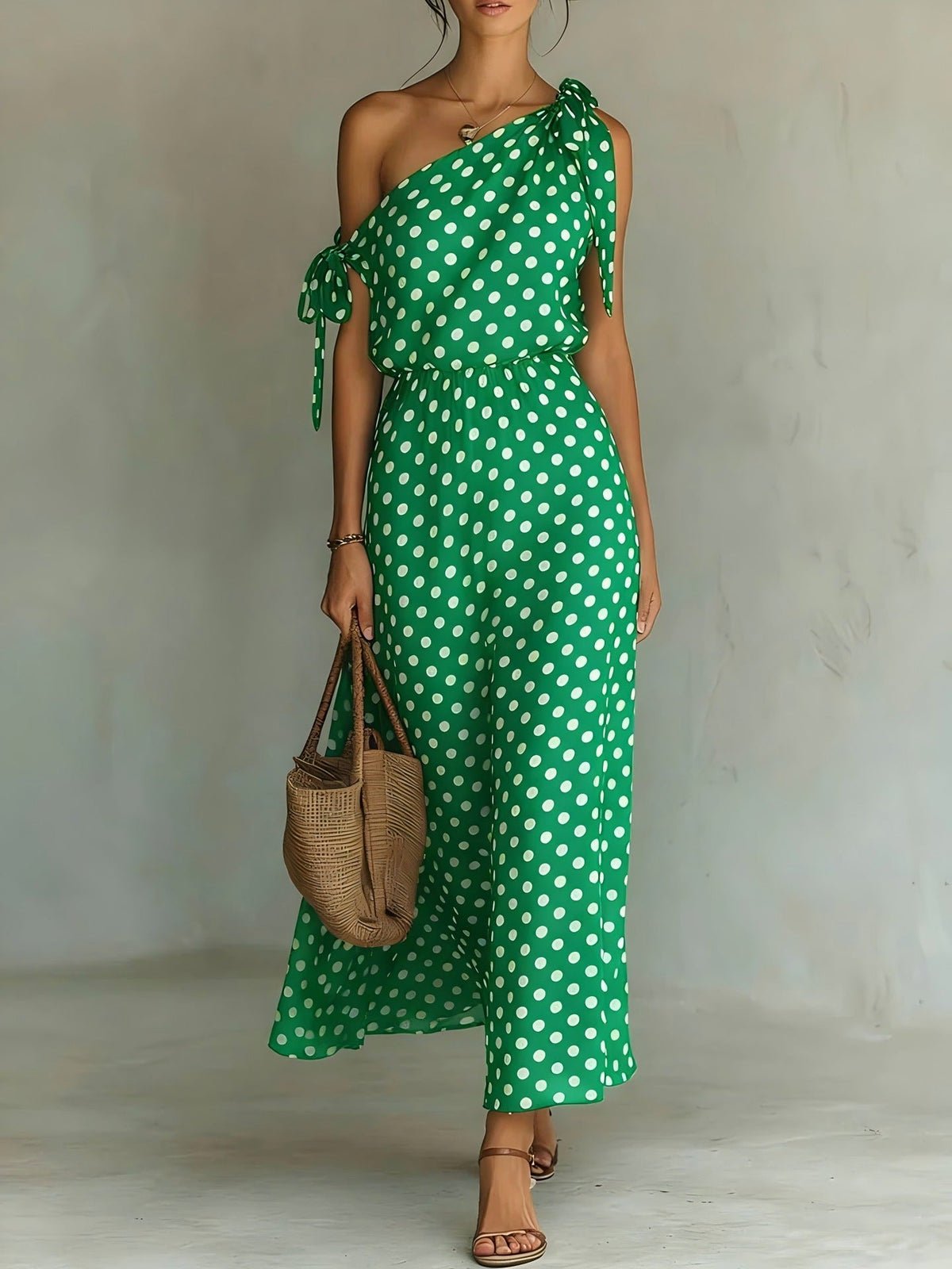 Robe longue asymétrique à pois pour femme
