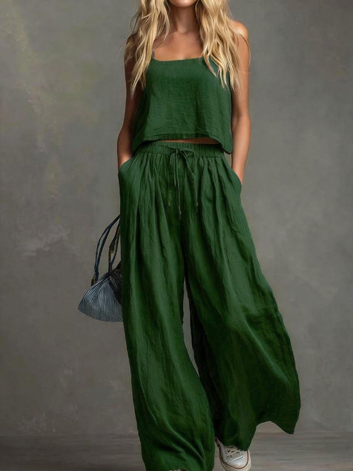 Ensemble pantalon large et haut à bretelles en coton et lin décontracté de couleur unie
