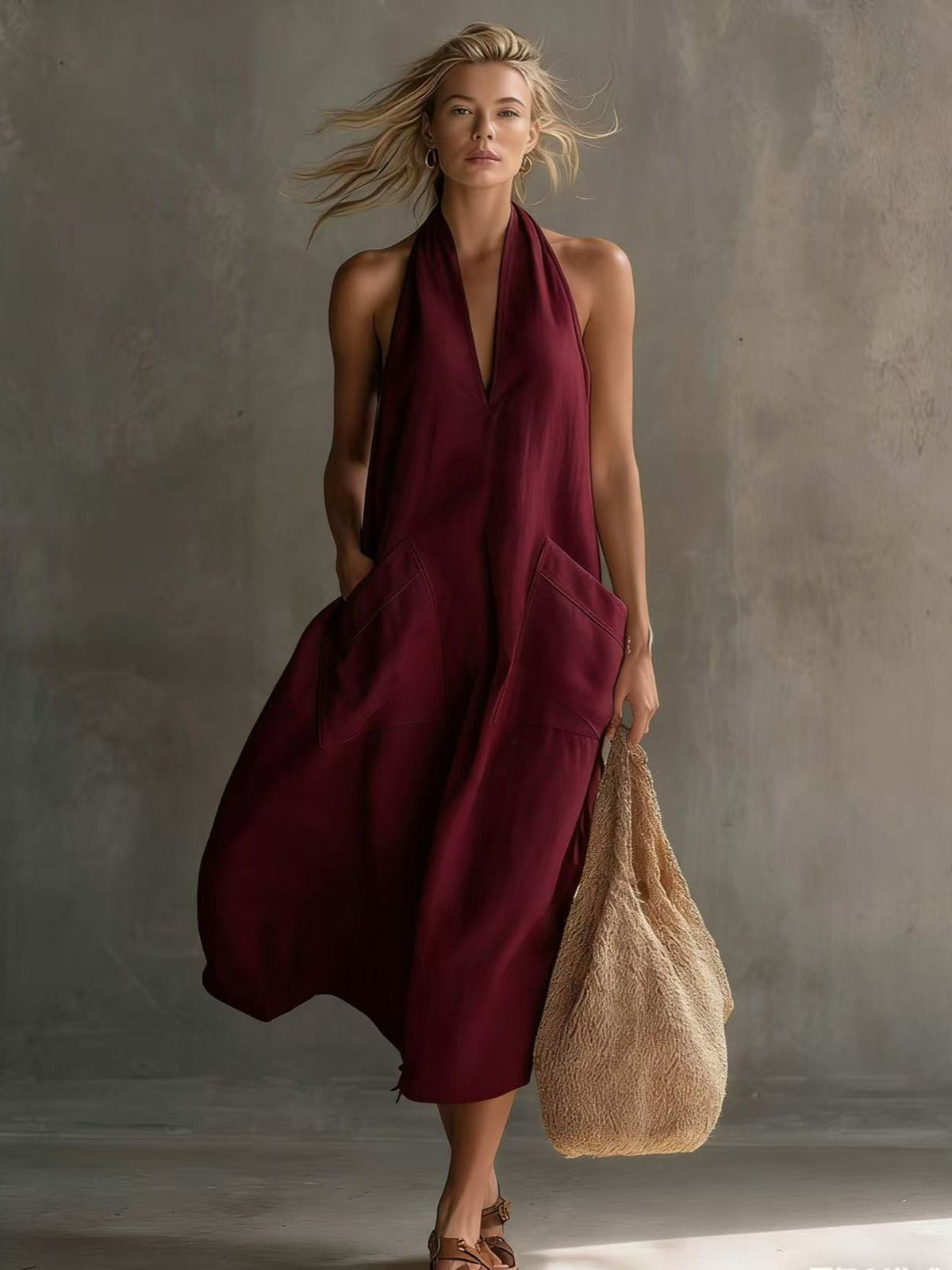 Robe midi décontractée en lin à encolure dos-nu avec poches