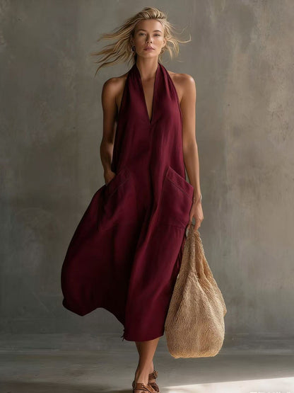 Robe midi décontractée en lin à encolure dos-nu avec poches