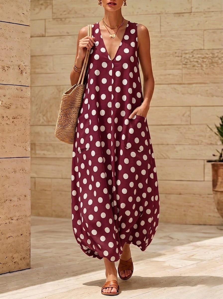 Robe midi sans manches vintage à pois et col en V avec poches latérales
