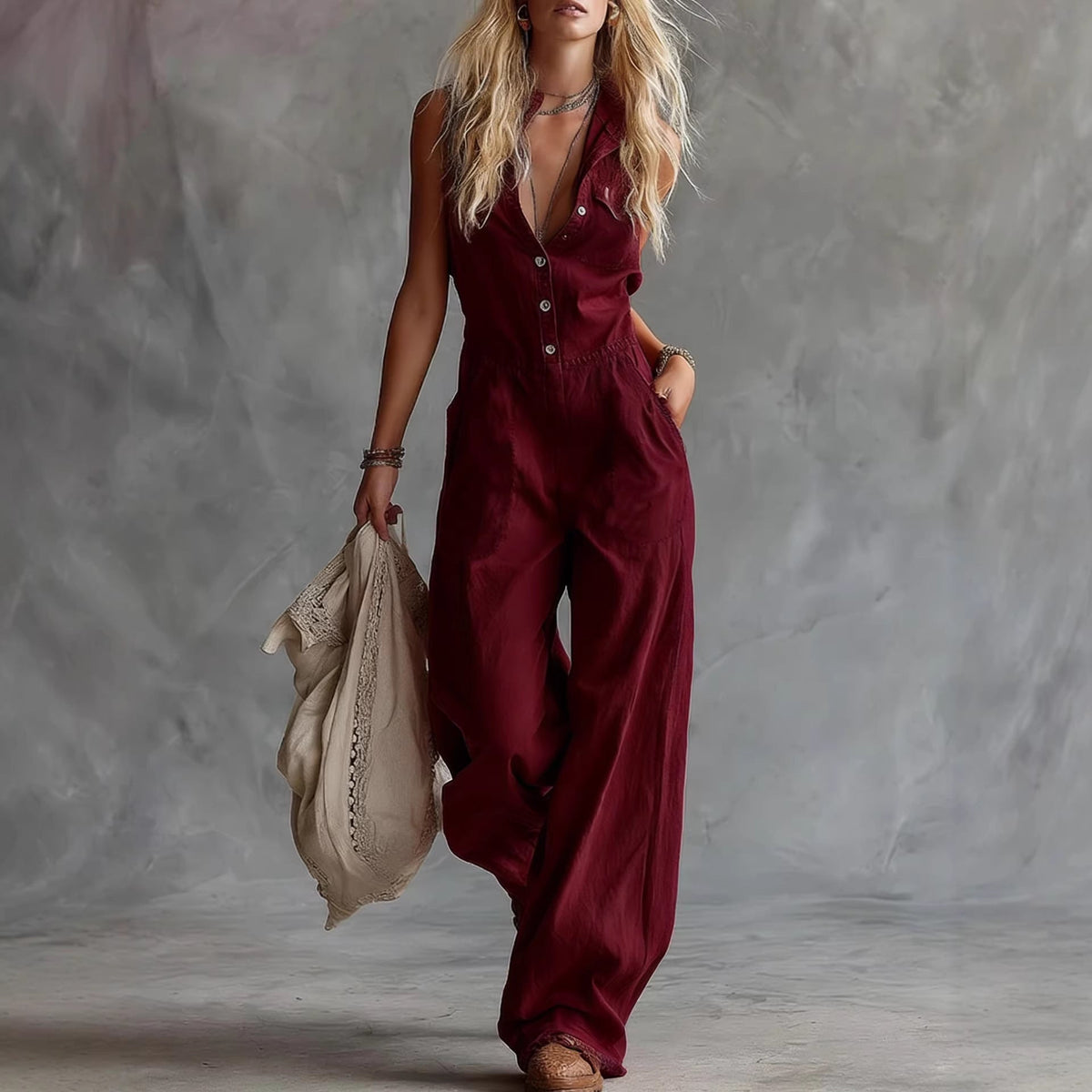 Combinaison palazzo sans manches pour femme avec col chemise
