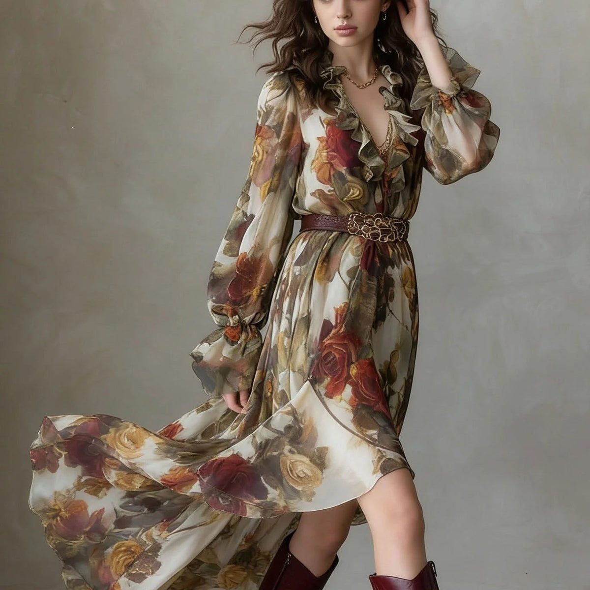 Robe longue en mousseline imprimée roses vintage pour femme, avec volants, col en V et ourlet asymétrique.