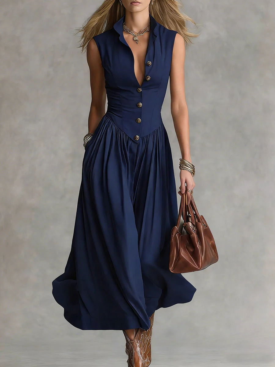 Robe Longue Slim Chic Style Déesse Française avec Col Revers et Sans Manches pour Femme
