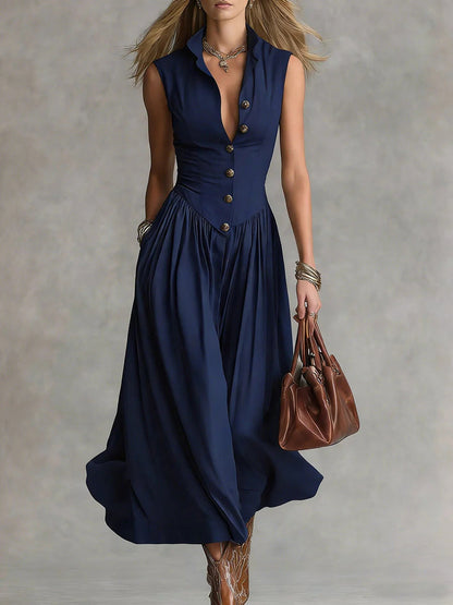 Robe Longue Slim Chic Style Déesse Française avec Col Revers et Sans Manches pour Femme