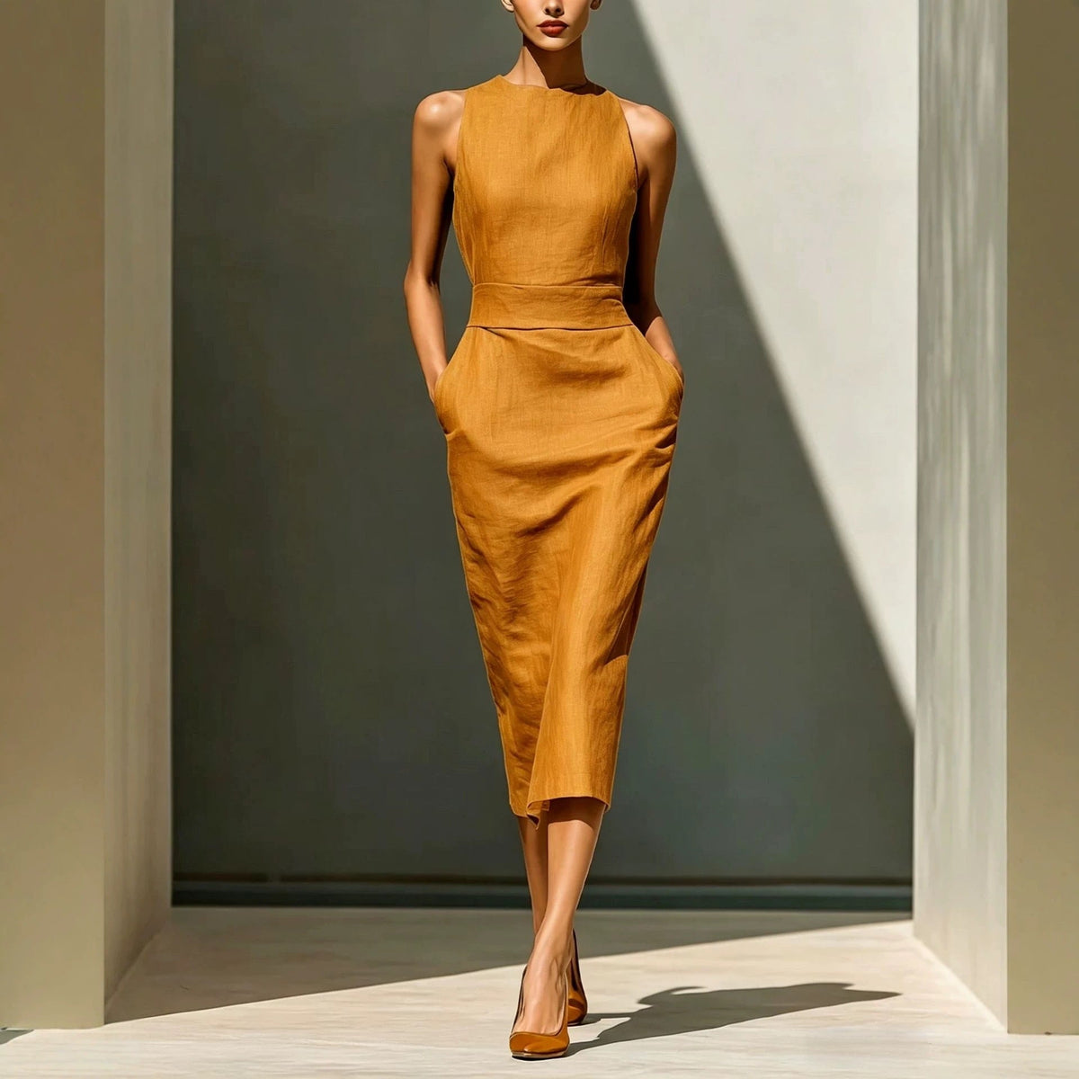 Robe mi-longue élégante sans manches moulante couvrant les hanches pour femme
