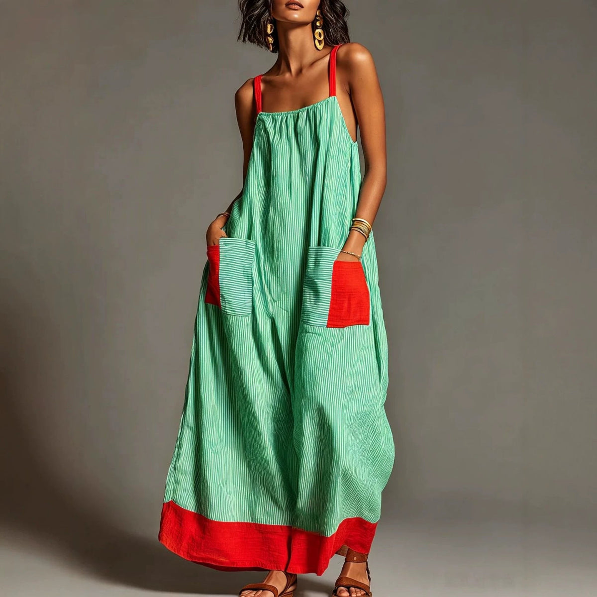 Robe longue rayée en lin et coton avec poches et bretelles spaghetti, idéale pour les vacances