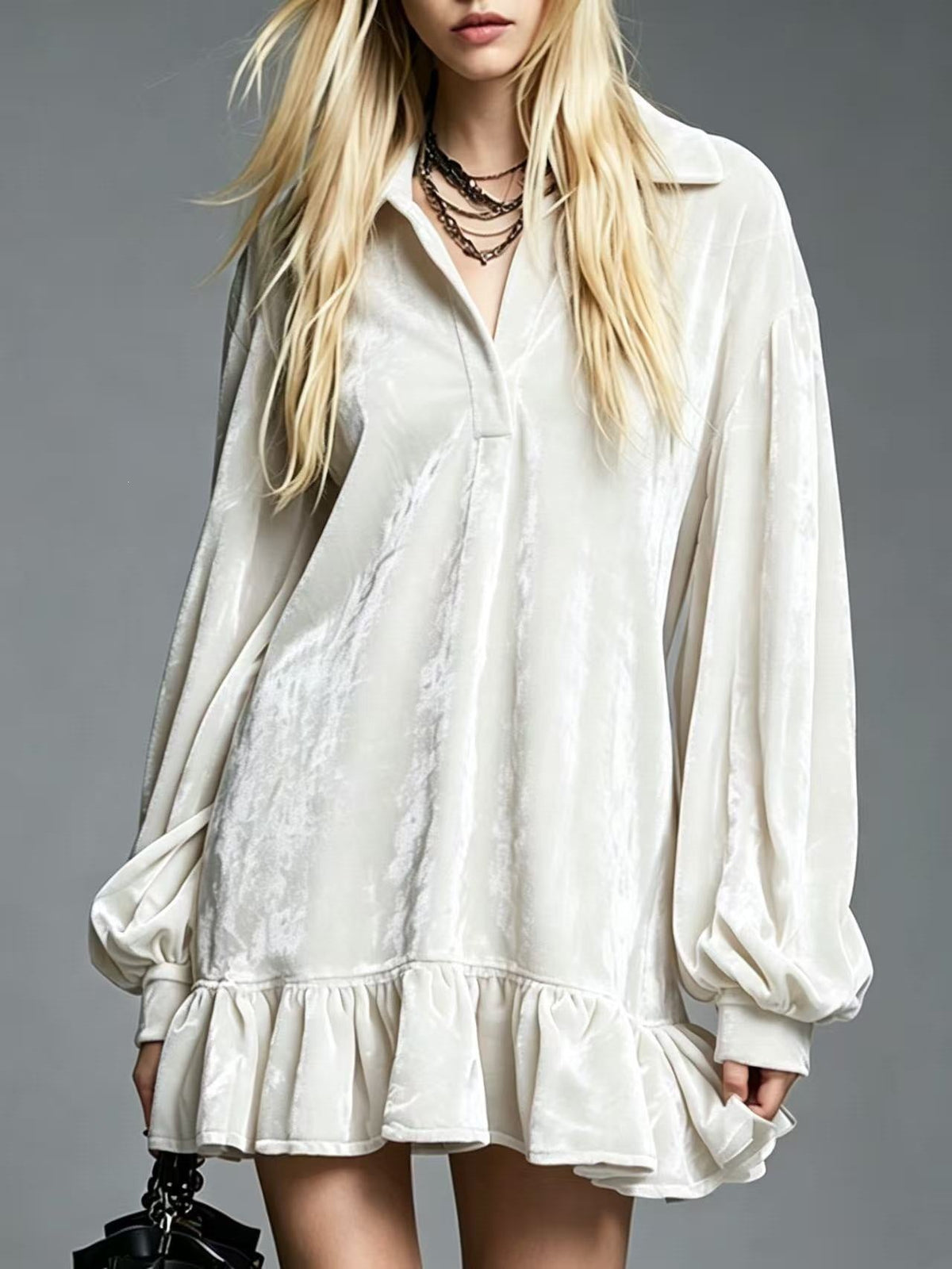 Mini-robe en velours à volants pour femme, tunique décontractée ample à revers et manches longues