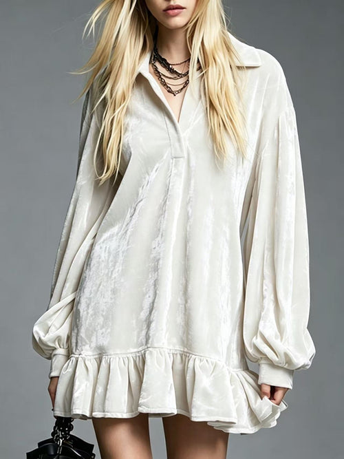 Mini-robe en velours à volants pour femme, tunique décontractée ample à revers et manches longues