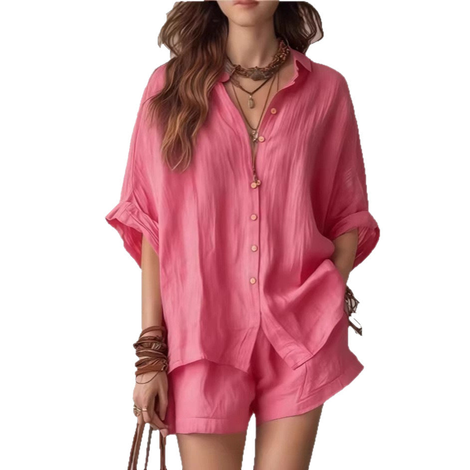 Ensemble chemise boutonnée et short oversize en mélange de lin | Tenue décontractée deux pièces respirante pour femme