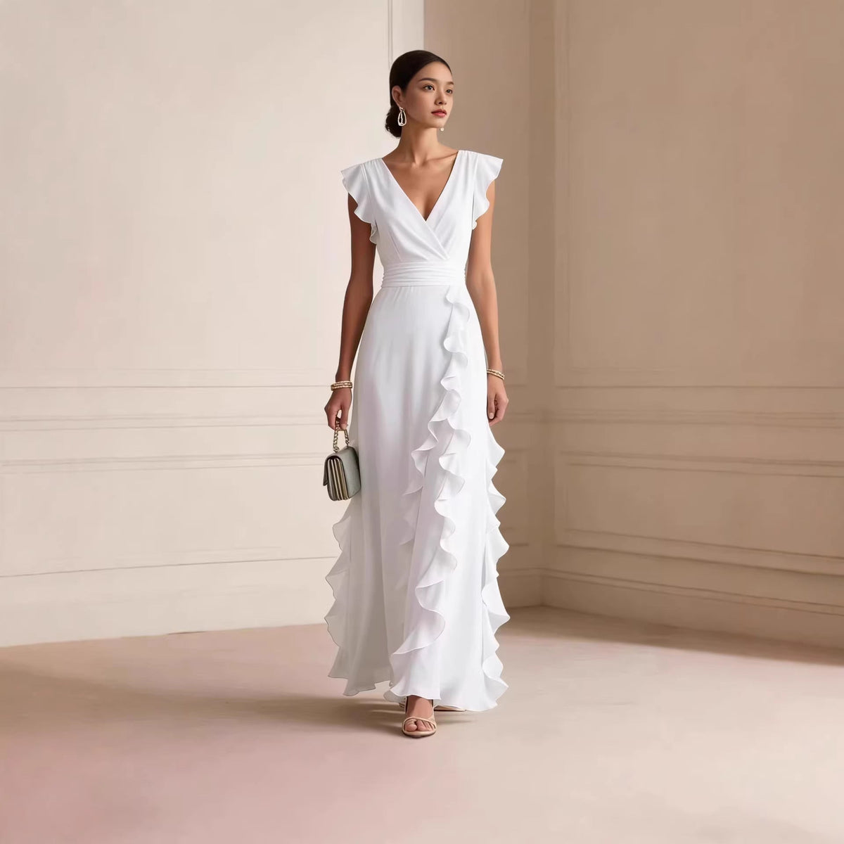 Robe longue à volants et manches papillon