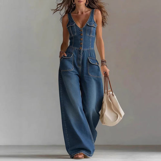 Salopette sans manches en jean délavé coupe ample pour femme