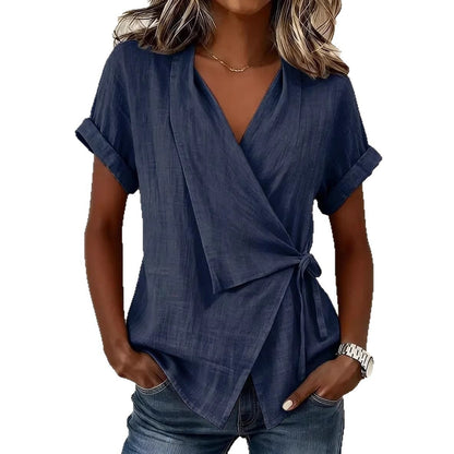 Blouse à manches courtes et col en V en lin mélangé avec ceinture à nouer à la taille