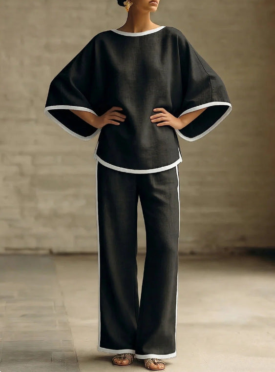 Ensemble deux pièces ample en coton et lin à col rond et manches chauve-souris élégant pour femme