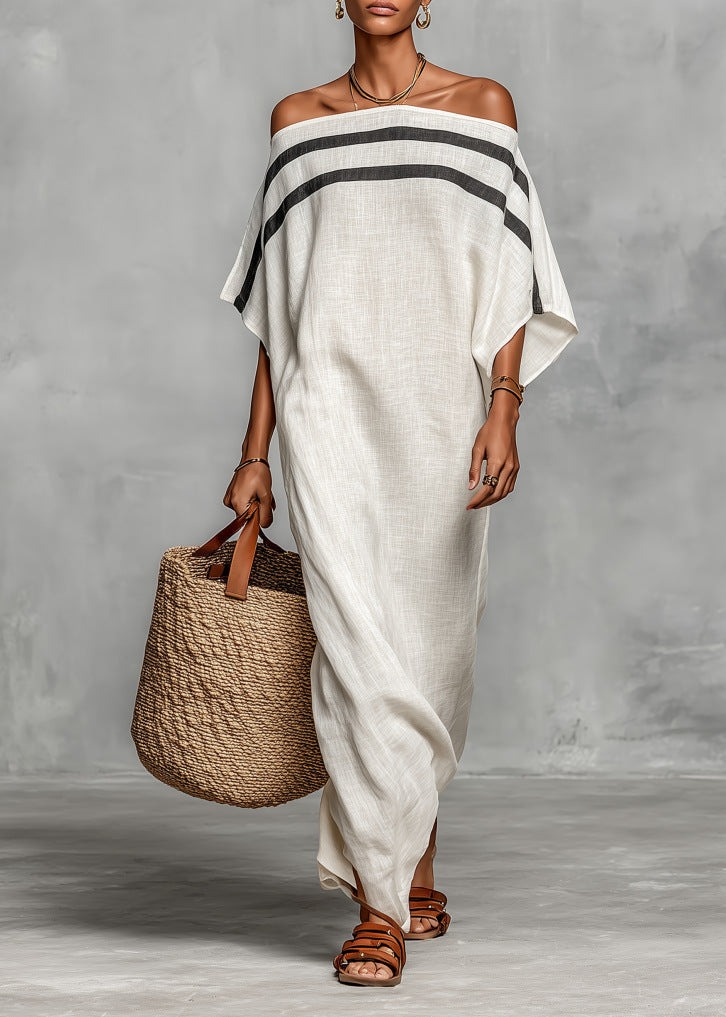 Robe longue caftan en lin à rayures, épaules dénudées et manches chauve-souris