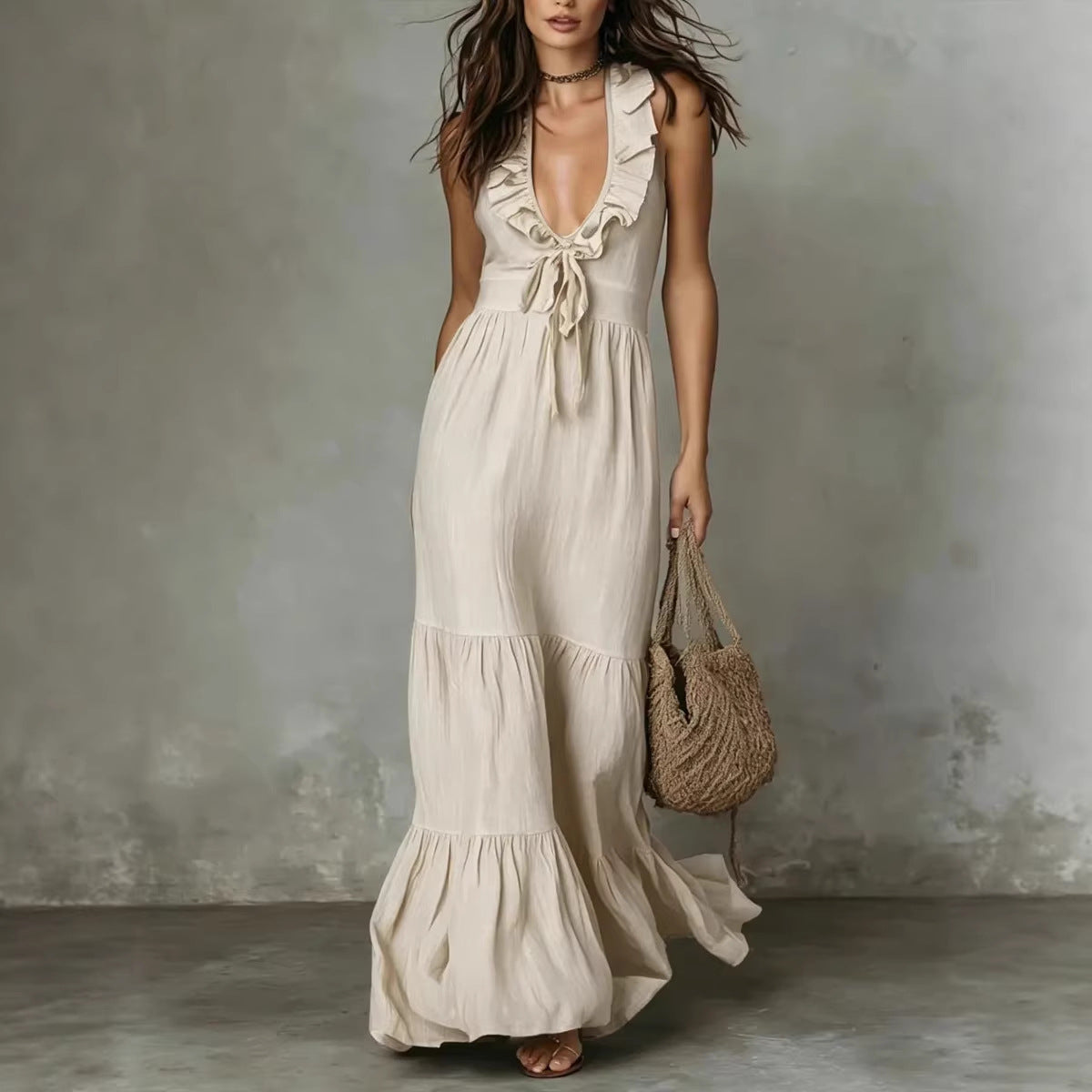 Robe longue décontractée ample à volants et col en V sans manches