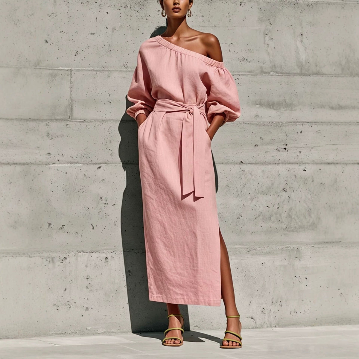 Robe Midi en Lin à Une Épaule Manches Bouffantes Taille Nouée et Fente Latérale