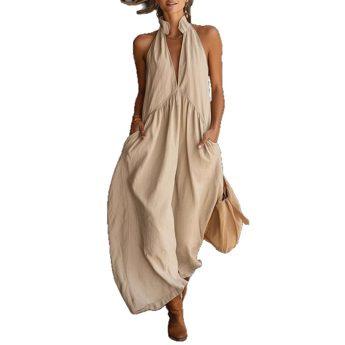 Robe longue de vacances unie sans manches à col montant