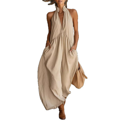 Robe longue de vacances unie sans manches à col montant