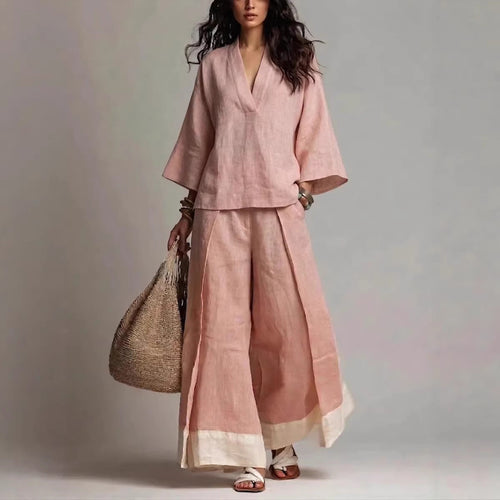 Ensemble chemise col V manches trois-quarts et pantalon large contrastant pour femme