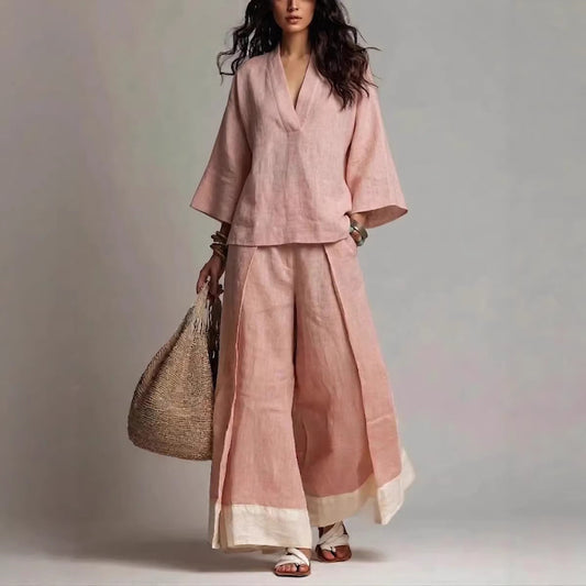 Ensemble chemise col V manches trois-quarts et pantalon large contrastant pour femme