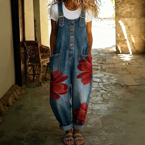 Salopette en jean sans effort à motif floral bohème pour femme