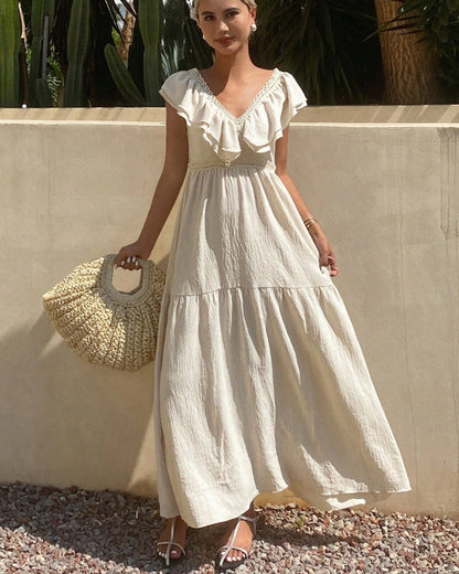 Robe longue maxi femme à col en V, manches volantées, coupe ample et étagée, idéale pour les vacances d'été.