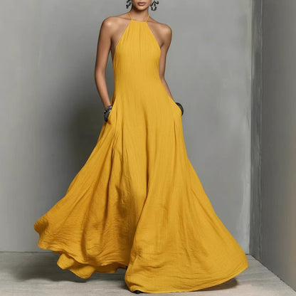 Robe longue simple sans manches à dos nu en mélange de coton et de lin