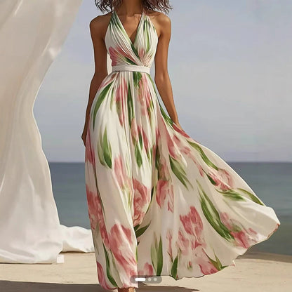 Robe longue plissée à fleurs avec encolure en V et ceinture à la taille
