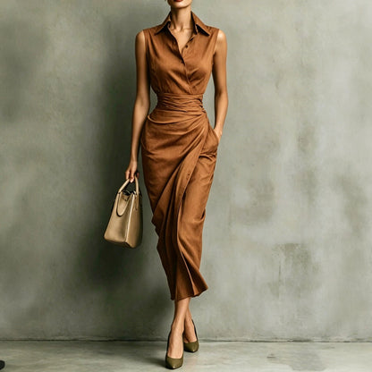 Robe cache-cœur mi-longue sans manches bordeaux pour femme - Élégance pour le bureau et les soirées