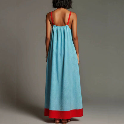 Robe longue rayée en lin et coton avec poches et bretelles spaghetti, idéale pour les vacances