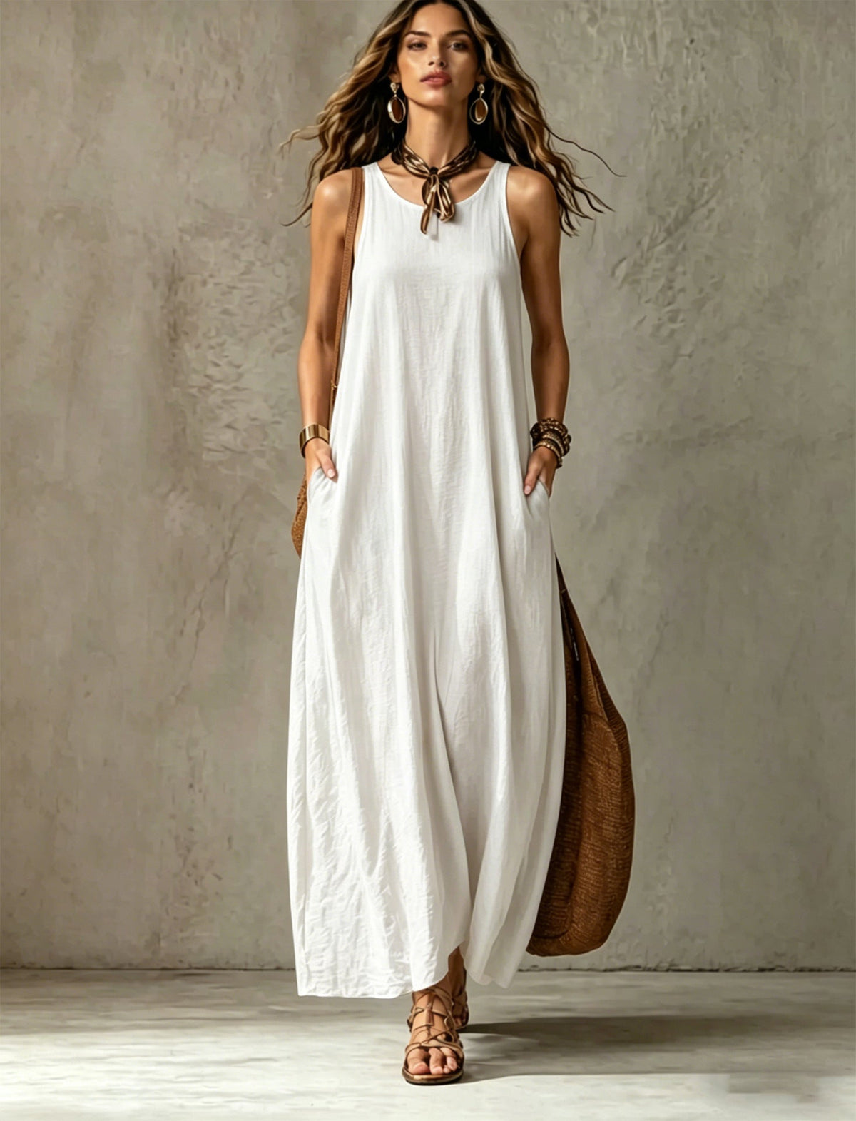 Robe longue texturée sans manches à encolure ronde et poches, coupe tente