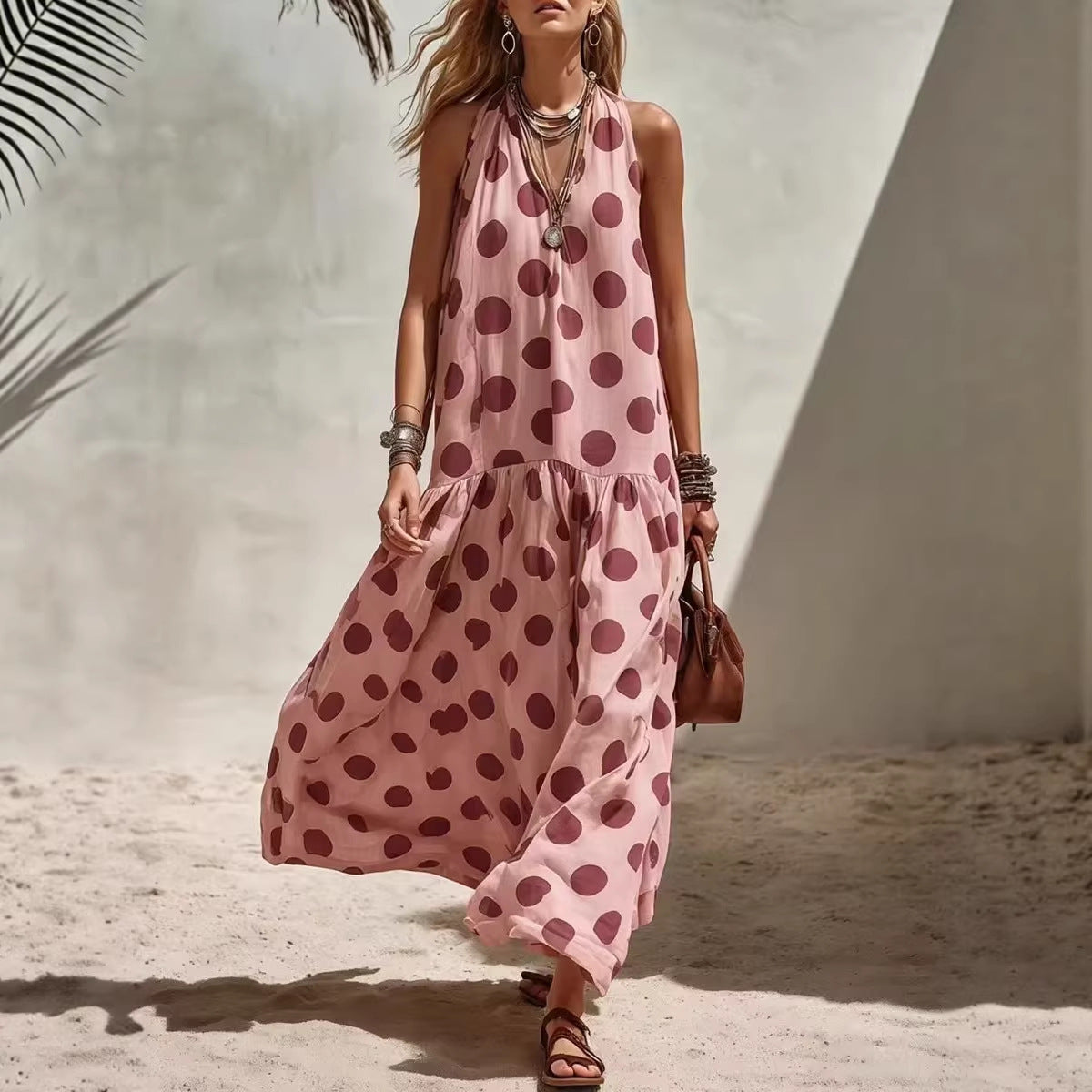 Robe décontractée sans manches pour femme - Imprimé rayures et pois