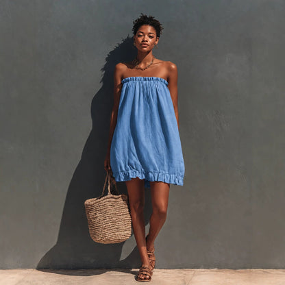 Robe courte ample en lin bustier à volants