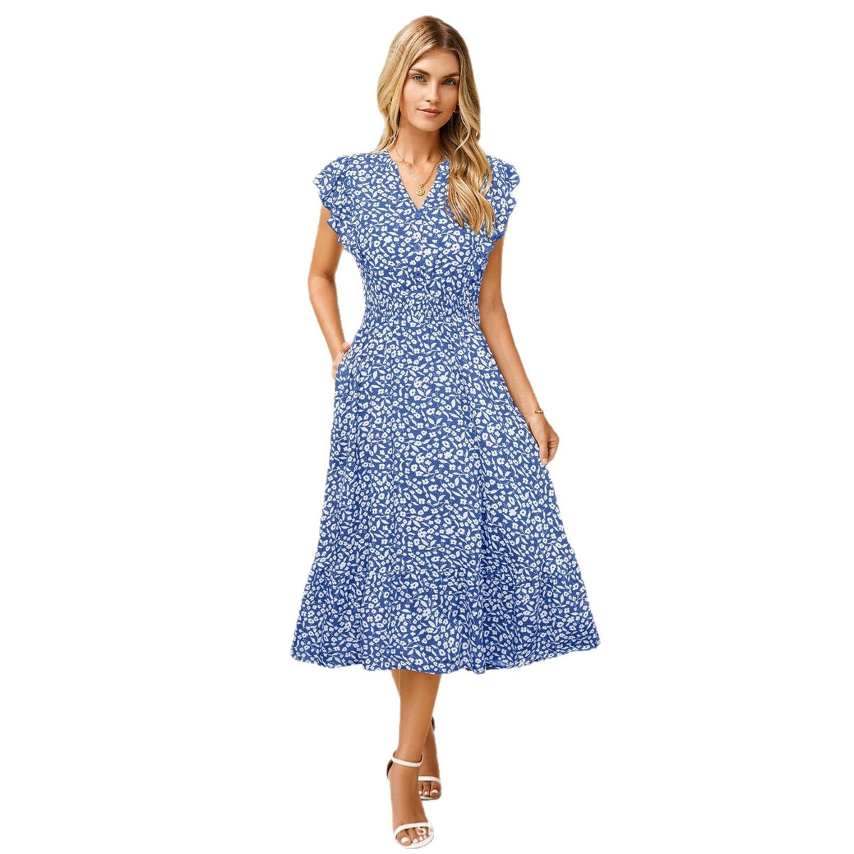 Robe midi à col en V et manches volantées pour femme - Robe décontractée polyvalente à motifs floraux/imprimés avec poches (disponible en 6 couleurs)