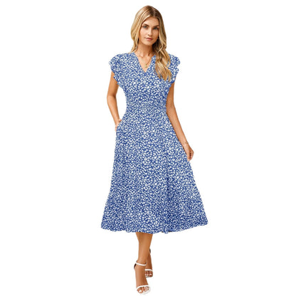 Robe midi à col en V et manches volantées pour femme - Robe décontractée polyvalente à motifs floraux/imprimés avec poches (disponible en 6 couleurs)