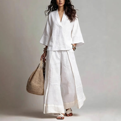 Ensemble chemise col V manches trois-quarts et pantalon large contrastant pour femme