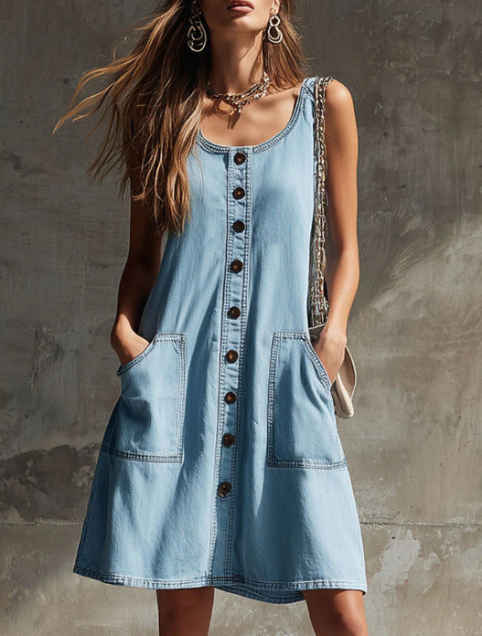 Robe chemise en jean sans manches pour femme, chic et décontractée