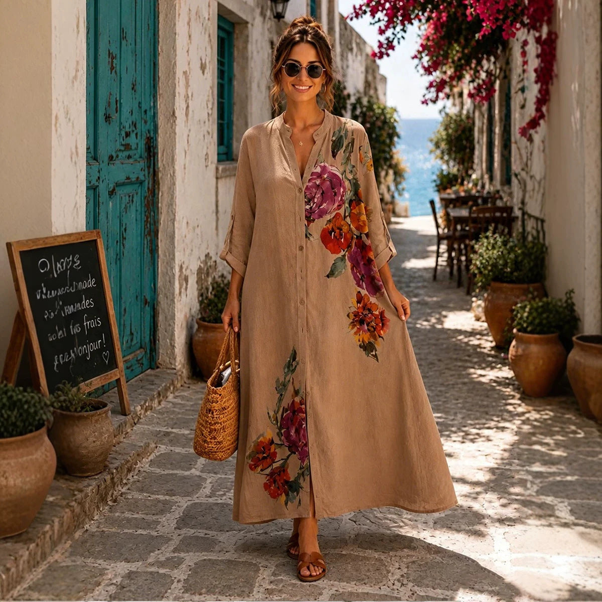 Robe longue boutonnée en lin à imprimé floral