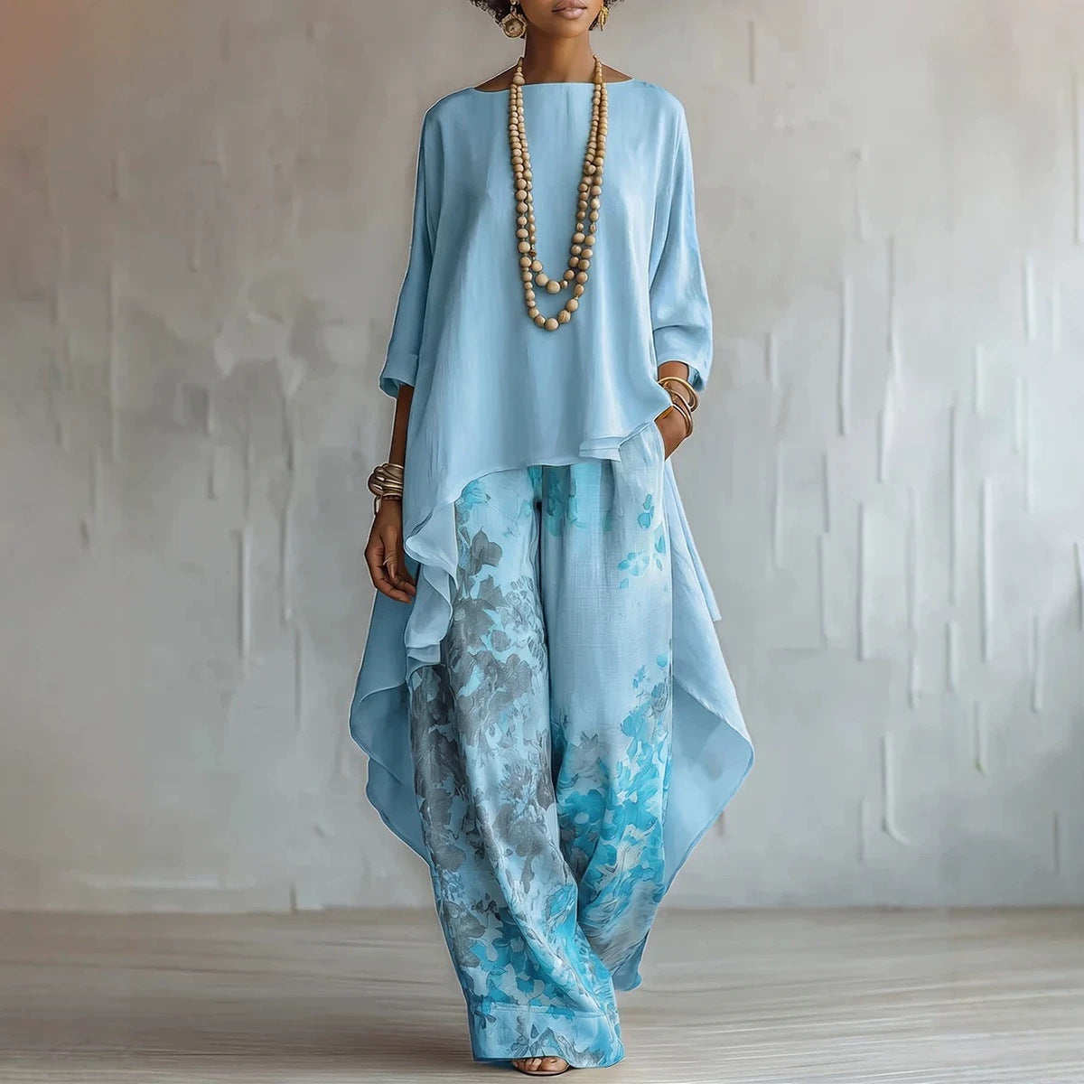 Ensemble deux pièces asymétrique en mélange de lin et pantalon large à imprimé floral pour femme
