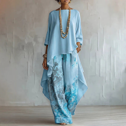 Ensemble deux pièces asymétrique en mélange de lin et pantalon large à imprimé floral pour femme