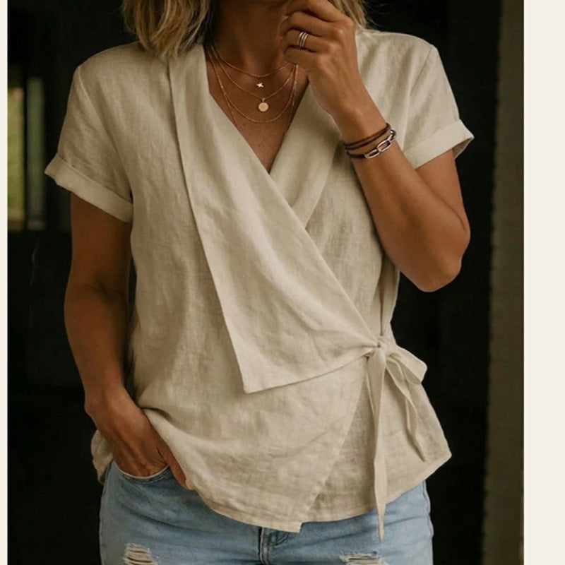 Blouse à manches courtes et col en V en lin mélangé avec ceinture à nouer à la taille