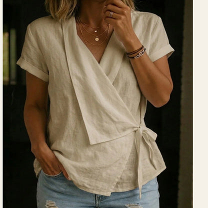 Blouse à manches courtes et col en V en lin mélangé avec ceinture à nouer à la taille