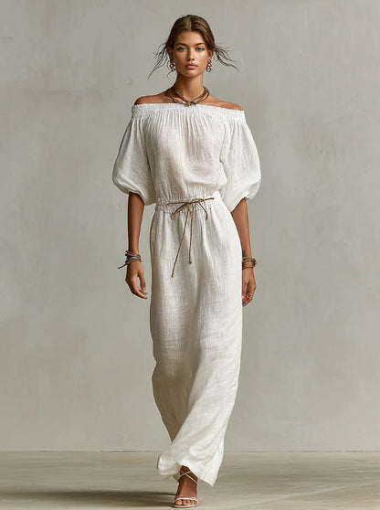 Off‑The‑Shoulder Linen‑Blend Maxi Dress - White / S