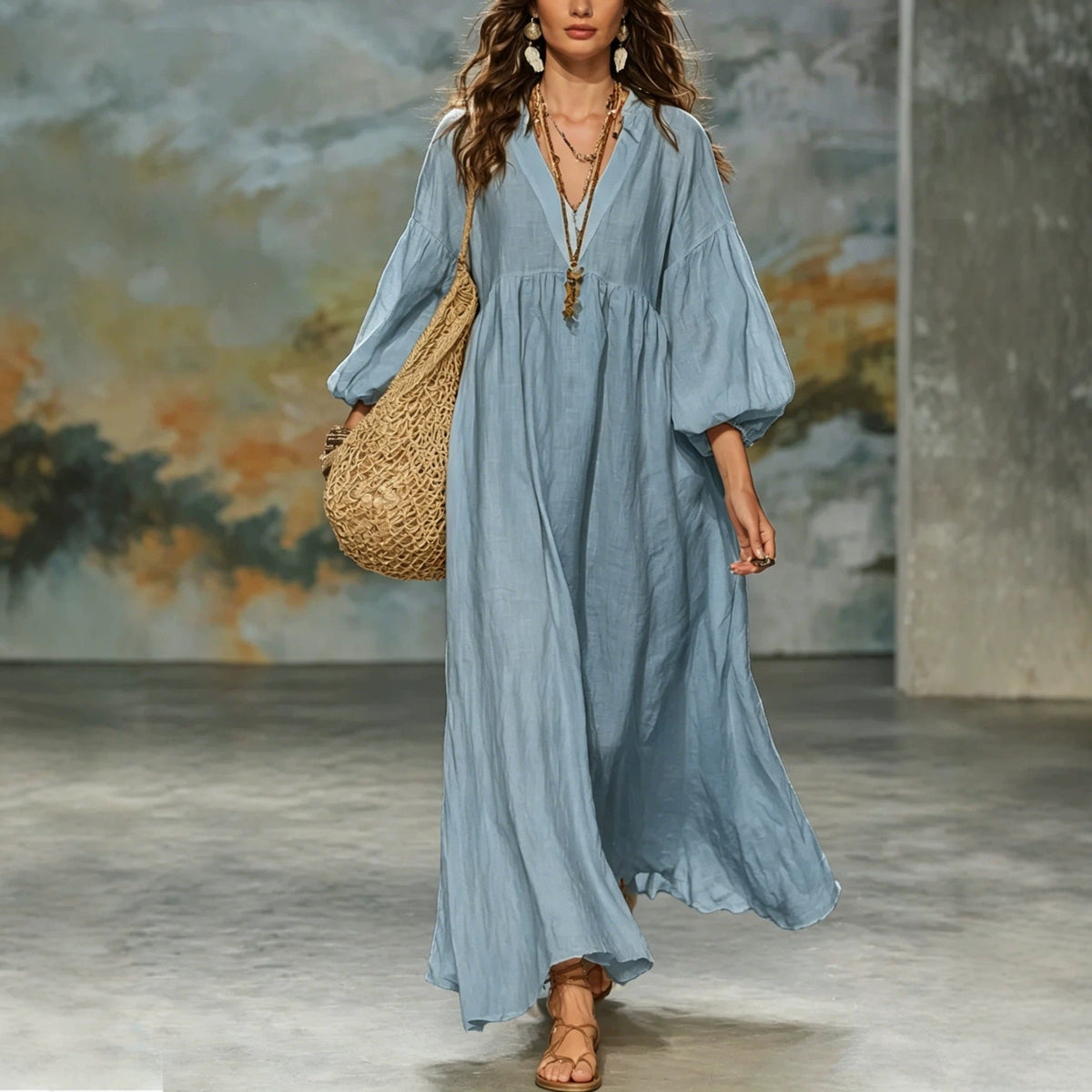 Robe longue Bohème col en V manches ballon en lin mélangé