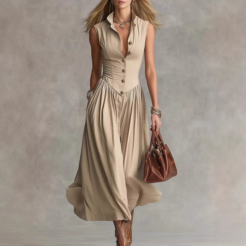 Robe Longue Slim Chic Style Déesse Française avec Col Revers et Sans Manches pour Femme